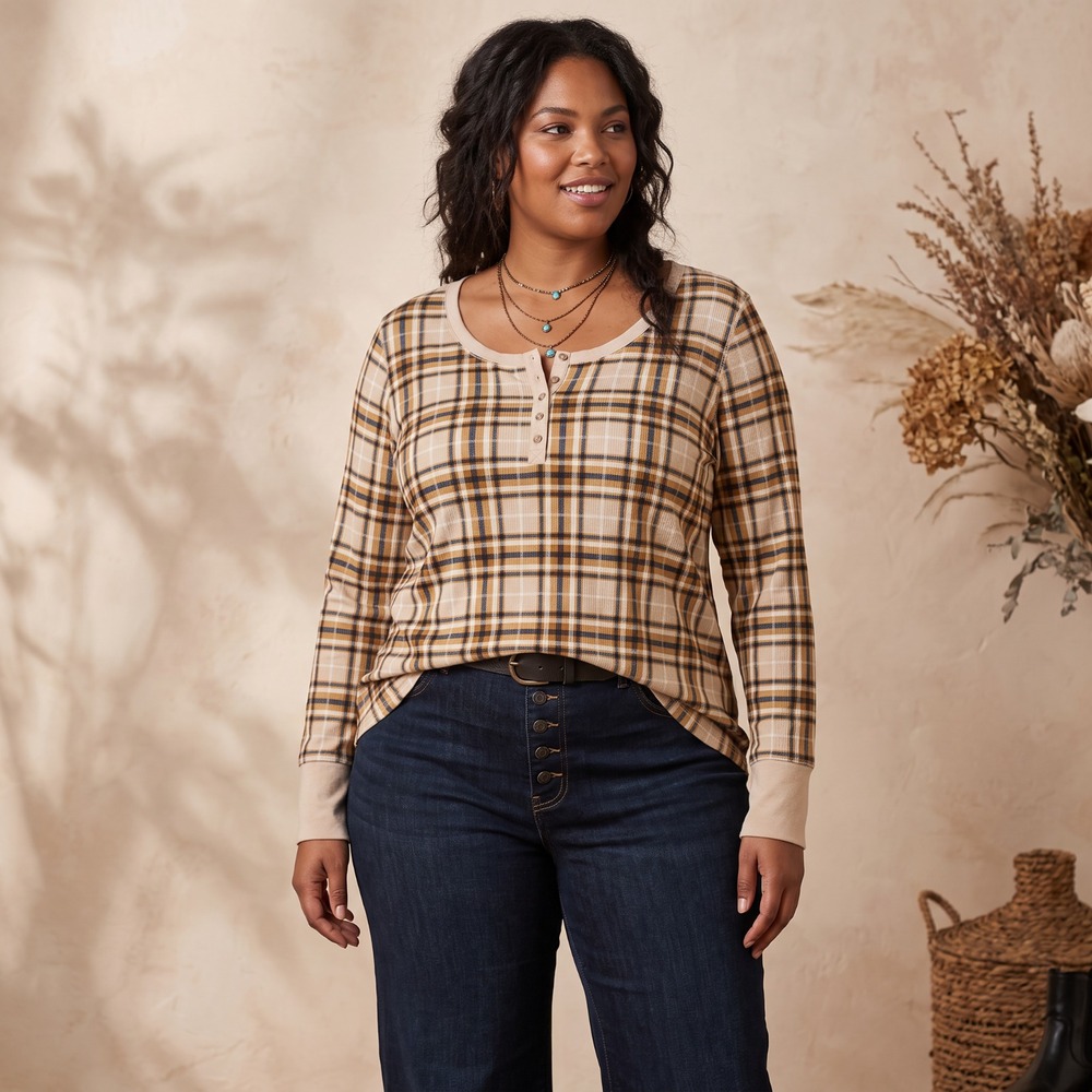 Terra & Sky Plaid Waffle Knit Henley Top Cabin Granola Earthy Cozy Beige Blue 2X